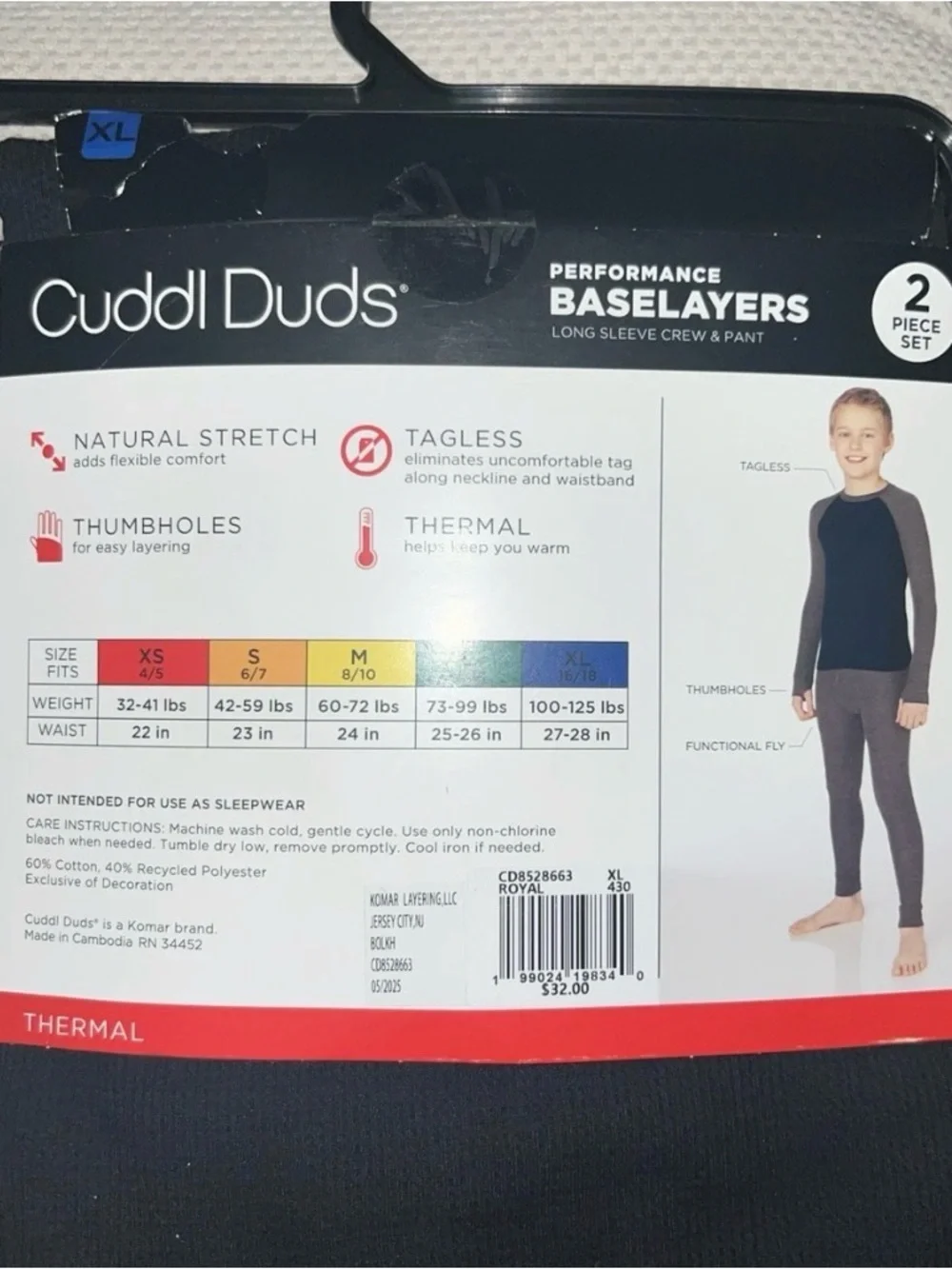 Cuddl Duds Boys Performance Baselayers - Black & Royal Blue XL long sleeve NEW